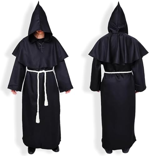 Tuofang Costume Monaco, Costume da Monaco Uomo, Abito da Mago per Adulto, Nero Abito Talare Costume, Mantello con Cappuccio, con Collana e Corda in Vita, per feste Cosplay, Halloween, Carnevale (XL)