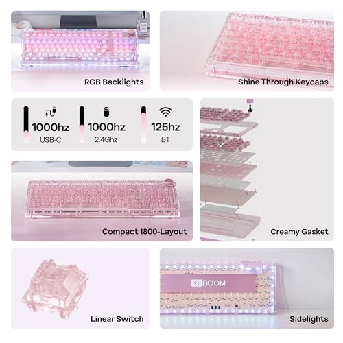 Image of KiiBoom Phantom 98 Crystal Mechanical Gaming Keyboard, Transparent Keyboard with RGB Backlits, Hot-Swappable, Shine Through Clear Keycaps, 3 Modes Wireless, 8000mAh Battery, NKRO for Win /Mac (Pink)