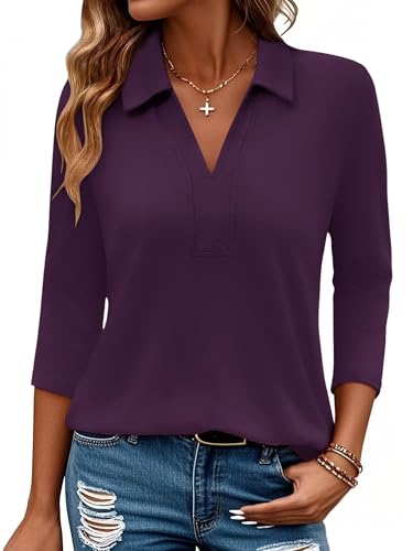 Women's 3/4 Length Sleeve V-Neck Collared Tops Summer Business Casual Work Polo Shirts Fashion Outfits 2025