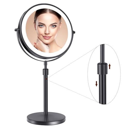 rndecuck 8" Lighted Makeup Mirror with Magnification 10x and 3 Color Light 2500mAh Rechargeable Height Adjustable 360° Rotation Double Sided LED Vanity Mirror for Desk (Black)