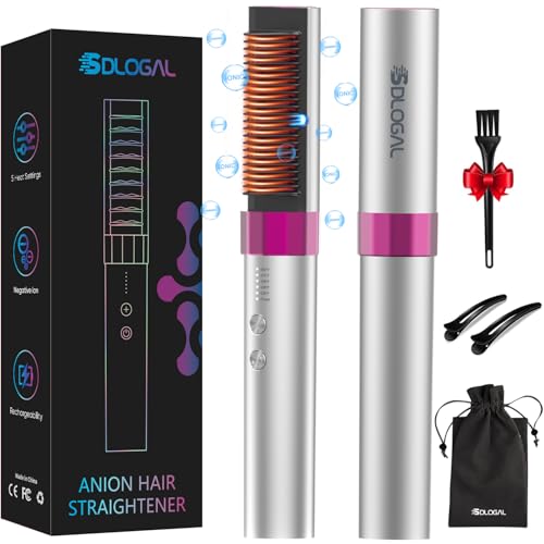 SDLOGAL Rechargeable Hair Straightener Brush, Hair Straightener Comb Straightening Brush for Women, with 5 Temps & Fast Heating, Easy and Fast Salon-Style, Built-in Double Ionic Generators