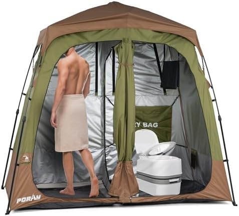 Portable Camping Shower Tent Deluxe Changing Room Easy Set Up Privacy Shelter,Large Toilet Tent 2 Rooms with Floor Drain Design for Beach, Camping,Hiking with Stakes and Ropes for Stability