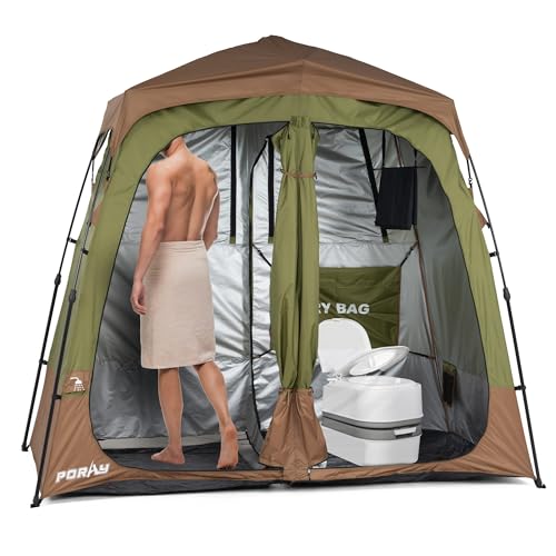 Porayhut Portable Camping Shower Tent Deluxe Changing Room Easy Set Up Privacy Shelter,Large Toilet Tent 2 Rooms with Floor Drain Design for Beach, Camping,Hiking with Stakes and Ropes for Stability by porayhut - Used condition - US$104.31