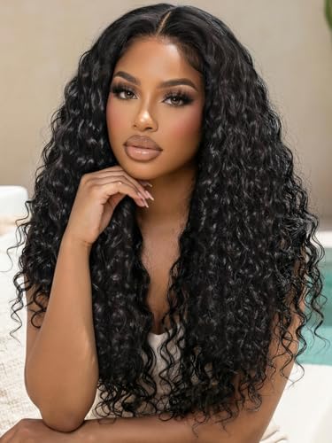 Image of KLAIYI Water Wave Pre Cut 360 Full Lace Frontal Glueless Wig Human Hair Drawstring Pre Plucked Bleached Bye Bye Knots Pre Everything Ready to Wear And Go Curly Beginner Wig with Baby Hair 180% 20Inch