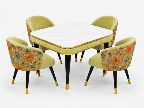 Image of WOODEN SPACE Majestic 4 Seater Wooden Dining Table Set | Urban Marble Top Dining Table with Chairs for Dining Room & Kitchen (Modern Classic Printed Light Green) (54 x 36 x 30 inch)