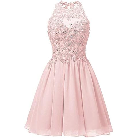 Jaeden Ballkleid Damen Hochzeitskleider Kurz Brautjungfernkleid Chiffon Spitze Neckholder Rosa EUR38 Cover