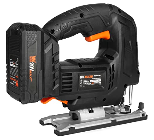 Image of WEN Cordless Jigsaw, Brushless with Auto-Speed, 20V Max 4.0Ah Lithium Ion Battery, and Charger (20670)