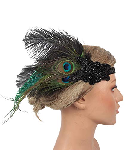 1920s Flapper Headband Peacock Feather 20s Sequined Gatsby Headpiece