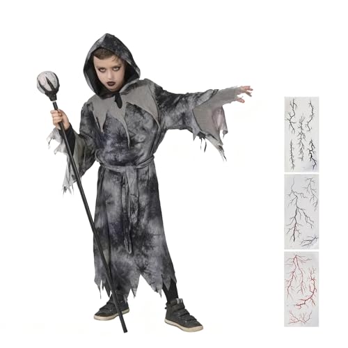 Kinwers Costume Halloween Enfant,Deguisement Sorcier Garcon Encapuchonné Fille Autocollant Injecté de Sang pour 120-140cm