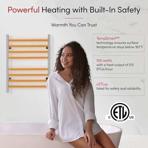 WarmlyYours Heated Towel Rack for Bathroom - Polished Stainless Steel Electric Towel Warmer Rack and Dryer 8 Bars, Wall Mounted, Plug-in or Hardwired 120V (Sierra) by WarmlyYours - Image 7