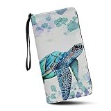 SCRAWLGOD Portefeuille personnalisé pour femme avec fermeture éclair autour du sac à main en cuir PU, Tortue de mer.