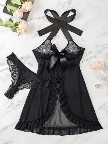 Image of Foxiny Sexy Halter Open Front Ruffle Sheer Mesh Lace Babydoll Lingerie Dress with Thong 2 Piece