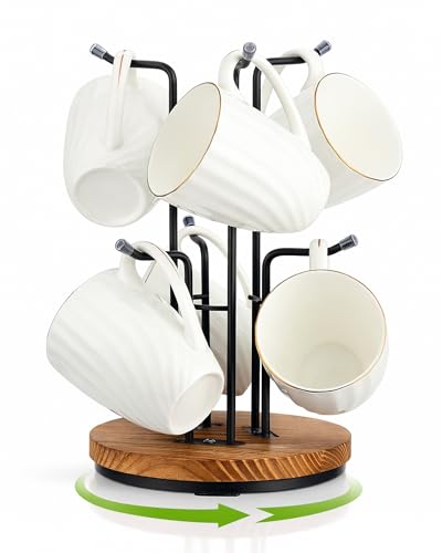 Vosturdy 360° Rotating Large Mug Tree for Counter, Coffee Mug Holder with 6 Hooks, Cup Holder Stand for Countertop, Metal Cup Tree Rack with Weighted Wood Base, Kitchen Coffee Bar Decor Display