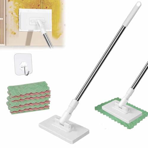 Fregona Antipolvo Desechable,Clip On Wet Wipes Dust Mop,Disposables Dust Mop With 4 Reusable Cloths,Press Clamp Speed Cleaning Kit,with Handle,For Hardwood Pet Hair Remover Bathroom Window