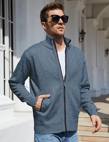 Yeokou Men's Casual Slim Full Zip Thick Knitted Cardigan Sweaters with Pockets (XX-Large, Blue) - Thumbnail 7