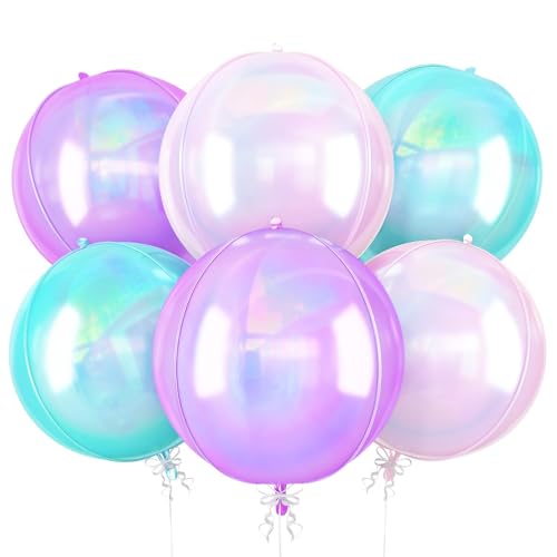 Image of Iridescent Pink Purple Round Foil Balloons Mermaid Decor 22 Inch 6 Pcs | Gradient Pink Purple Teal Holographic 4D Ball Balloons for Birthday Folding Rainbow Under The Sea Party Decoration