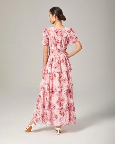 ADOR Women's Floral Summer Empire Waist V Neck Casual Long Flowy Chiffon Maxi Dress Ruffle Tiered Short Sleeve A-line Dreses3