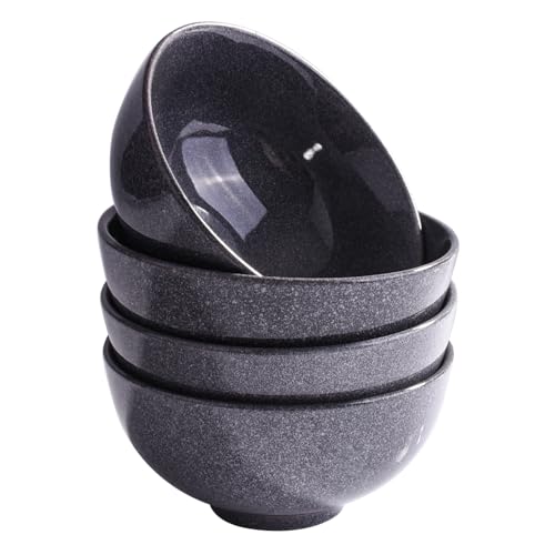 Modern 4.5-Inch Ceramic Rice Bowl Set of 4 - Dark Gray Speckled Small Bowls for Kitchen - Microwave & Dishwasher Safe, Stackable Cereal, Soup, and Snack Bowls - Scratch-Resistant & Space-Saving