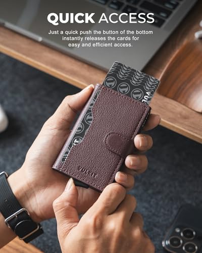Image of VULKIT Slim Bifold Pop up Wallet Minimalist Leather Card Holder RFID Blocking Metal Card Case with ID Window for Women | with Leather Slots