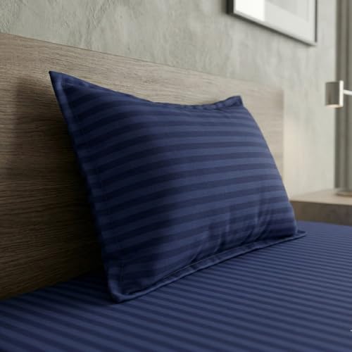 Image of Home Sizzler Microfibre Blue Satin Stripe Elasticated Fitted Single Bedsheet (72x36 Inches) with 1 Pillow Cover