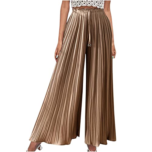 HGps8w Women's Chiffon Pants Casual Loose Elastic Waist Pleated Wide Leg Palazzo Pants with Drawstring
