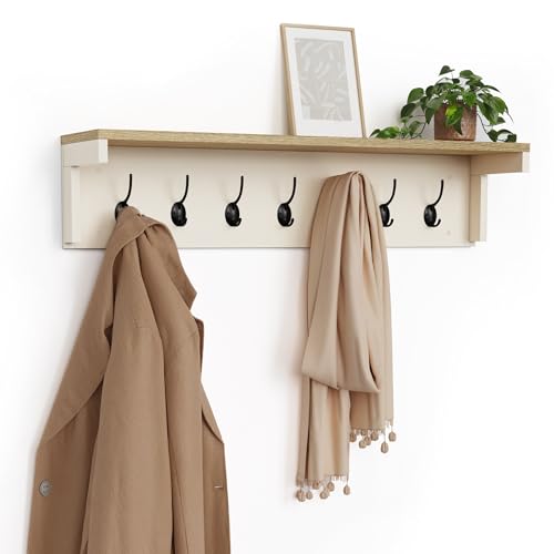 VonHaus Coat Hooks Wall Mounted - Cream Coat Rack with Shelf & 7 Strong Double Hooks Wall Mounted Jacket Hanger Hallway Organiser with Melamine Wood Effect for Hall & Entryway - Ash Hall