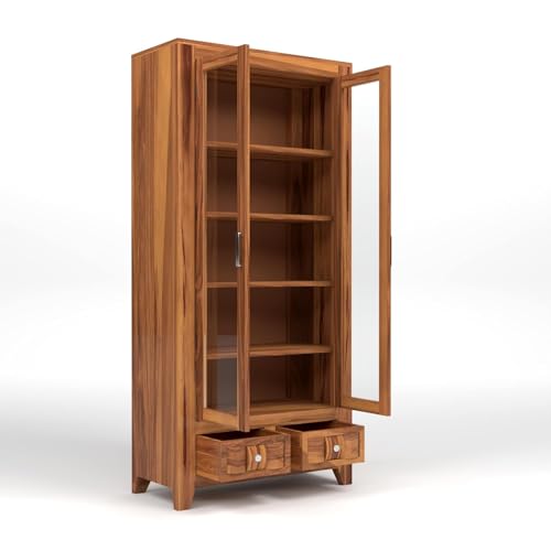 Image of Solid Sheesham Wood Book Cabinet with Acrylic Glass Doors | Rosewood Display Storage Unit with Shelves & Drawers for Home & Office | Louge (A-Honey)