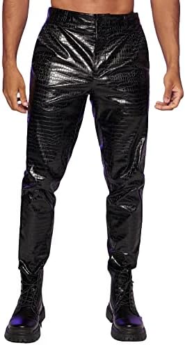 Verdusa Men's High Waist Rock PU Leather Motocycle Pants Long Trousers Black L
