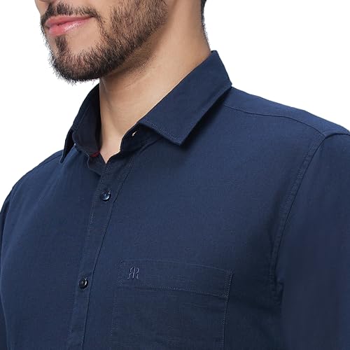 Image of Raymond Men Slim Fit Solid Pattern Linen Cotton Blend Regular Collar Full Sleeve Casual Shirt