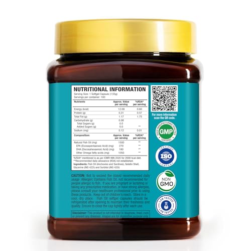 Image of WOW Life Science Omega 3 Fish Oil Capsules | Regular Strength 1500 mg with 270 mg EPA and 180 mg DHA | For Heart, Joints, Eye and Brain Health | 180 Capsules