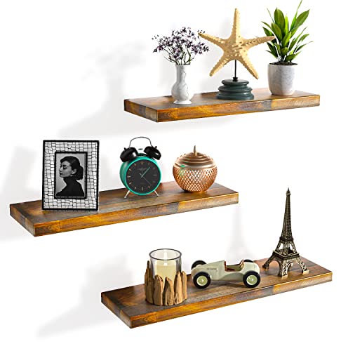 Astarth Floating Shelves-Wall Shelves Set Of 3, Rustic Wood Storage Shelf-Invisible Brackets, 17'' Wall Mounted Shelves-Ideal For Bedroom, Living Room, Bathroom, Kitchen, Office Decor, Easy Assembly #TOP23