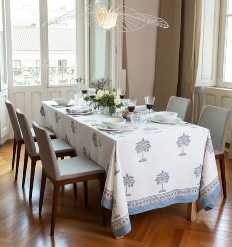 Nappe blockprint Inde en coton fait main table rectangulaire bleue - 7