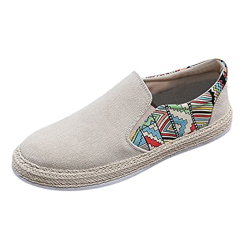 Mocasines de lona para hombre con cuello estampado tribal, zapatos de alpargata de pana ligera para hombre, transpirables, informales, para caminar, con lado elástico, suela tejida estilo yute, beige