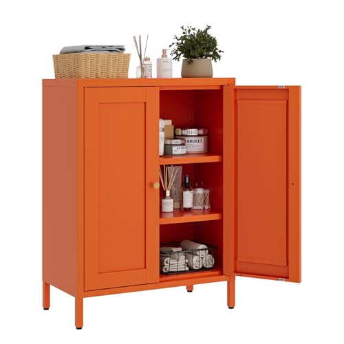 Image of Metal Floor Storage Cabinet, Small Freestanding Sideboard Storage with 2 Adjustable Shelves for Bathroom Entryway Living Room Dining Room Coffee bar,11.8 inchD x 23.6 inchW x 31.5 inchH,3-Tier,Orange