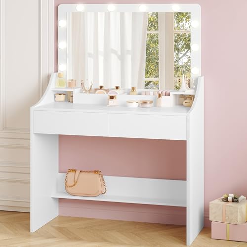 Hzuaneri Tocador de Maquillaje, Tocador con Espejo HD Grande e Iluminación LED, 2 Cajones, Tablero Dividido, Dormitorio, Vestidor, Moderno, 40 x 80 x 136 cm, Blanco DT43103XEU