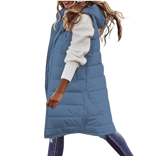 Womens Long Puffer Vest Casual Sleeveless Quilted Coats Lightweight Full Zip Jacket Warm Winter Vest with Hood2