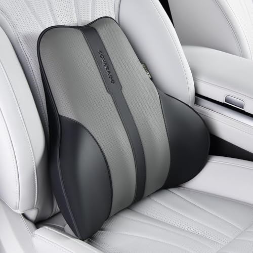 Image of Coverado Lumbar Support Pillow for Car, Ergonomic Memory Foam Back Pillow for Office Chair, Back Cushion for Back Pain Relief, PU Leather Car Lumbar Support for Driving Seat - Black&Gray