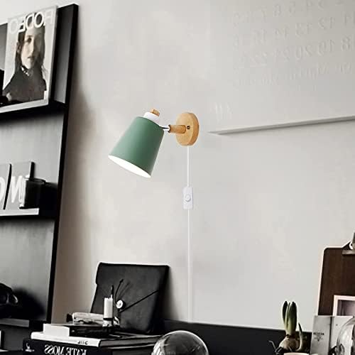 Simple Style Indoor Wall Lamp Edison E27 Wall Spotlights with Plug and ON/Off Switch Adjustable Modern Wooden Bedside Reading Lights Wall Light for Bedroom Living Room Office Study,Green