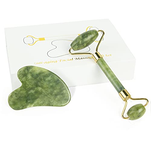 Jade Roller and Gua Sha Set, Reduce Wrinkle & Dark Circle, Kaisa Beauty Facial Roller Massager Tools for Face, Skin Care Tools for Body Muscle Relaxing Relieve Wrinkles, Green