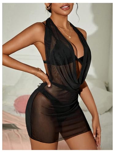 OYOANGLE Women's Sheer Mesh Halter Swimsuit Cover Up Dress Draped Front Backless Ruched Bathing Suit Coverups2