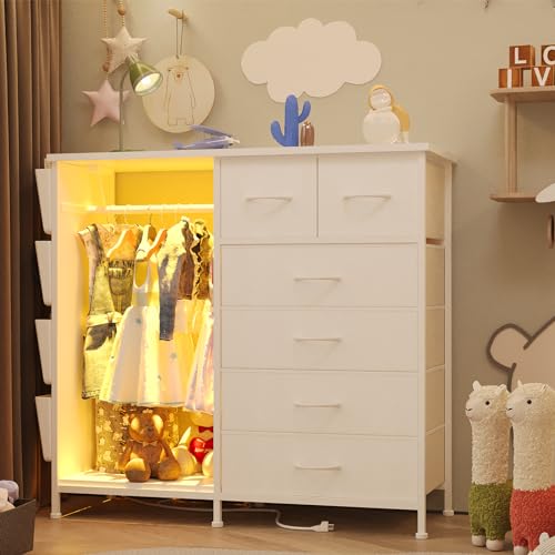 Image of WODRAWER 6 Drawer Dresser for Bedroom with Clothes Rack, Clothes Dresser with Side Pockets and Hooks, Charging Station & LED Lights, Wooden Top, Fabric Storage (White)
