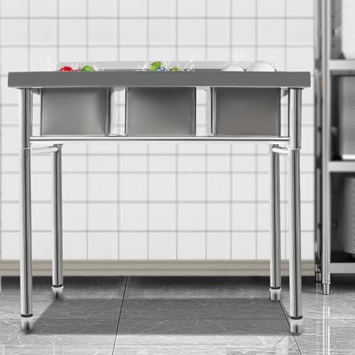 3 Compartment Commercial Stainless Steel Utility Sink Free Standing Sink Kitchen Sink with 3 Drains, 39x17.7x37.4