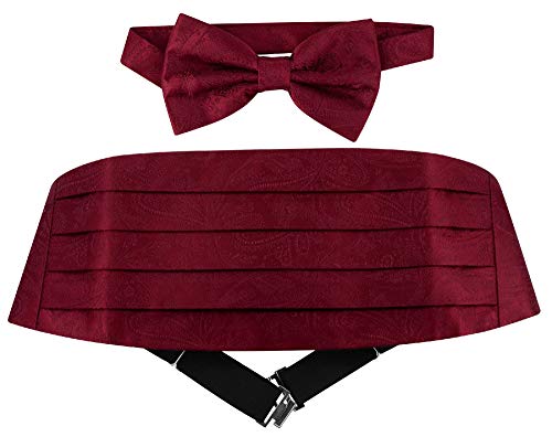 Cumberbund & BowTie BURGUNDY PAISLEY Design Mens Cummerbund Bow Tie Set