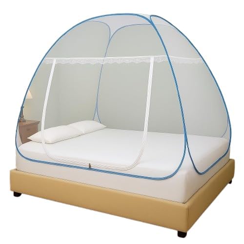 Bed Mosquito Net - King Size Premium Polyester Machardani (6ft x 6.5ft,Elegant White with Blue Border) | Double Zipper Entry | Washable & Durable Net for Peaceful Sleep-image-12