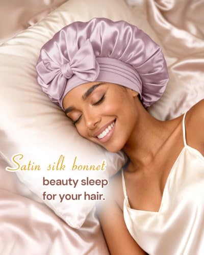 Image of BONNET QUEEN Silk Bonnet for Sleeping Women Satin Bonnet Night Sleep Cap Wrap for Curly Hair with Adjustable Tie Band, Single Layer, Grey Rose Gold