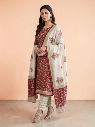 Image of Eddika women unstitched hand block printed cotton suit set with mulmul dupatta ehbpcswmd0120P