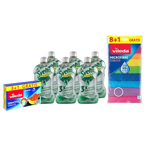 Set Per La Pulizia: 6x Detergenti Piatti a Mano Concentrato Limone 500ml + Spugna Ondattiva Milleusi Colors 3+1, Multicolore + Panni in Microfibra 30x 30 cm