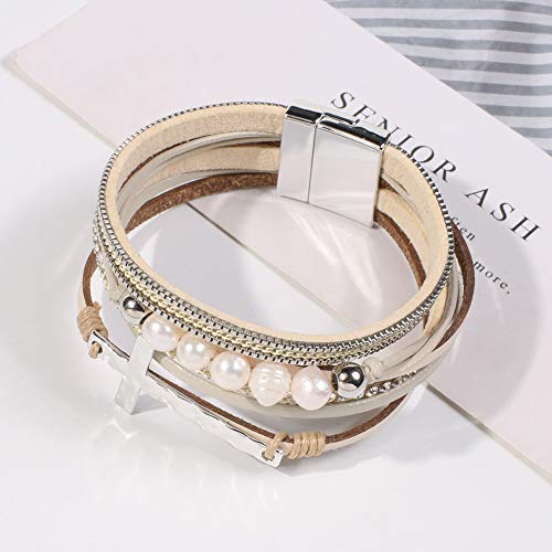 Vercret Leather Wrap Bracelet For Women - Multi-Layer Bracelets With Pearl Cross Beige Magnetic Clasp Bangle Cuff Stacked Bracelet For Lady And Mother #TOP4
