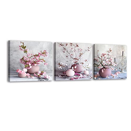 Piy Painting Impressions sur toile thème rose, Peinture à l’huile de fleur de cerisier sur toile, Fleur de pêche, Tableaux murales florales pour Salon Chambre, 30x30cm, avec cadre intérieur, 3 pièces