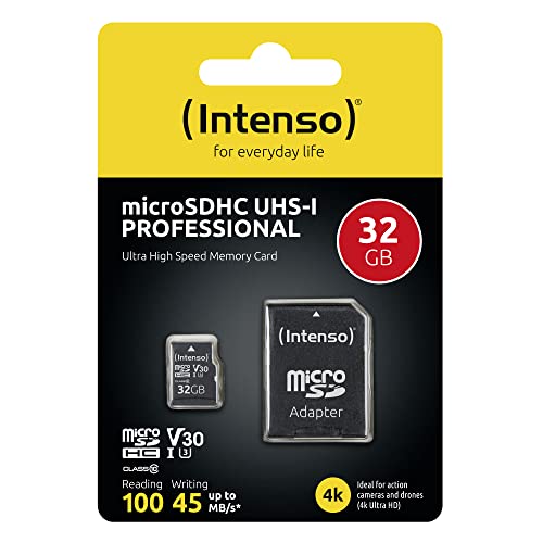 Intenso Professional microSDHC 32GB Class 10 UHS-I, U3, V30 Speicherkarte inkl. SD-Adapter (bis zu 100 MB/s), schwarz